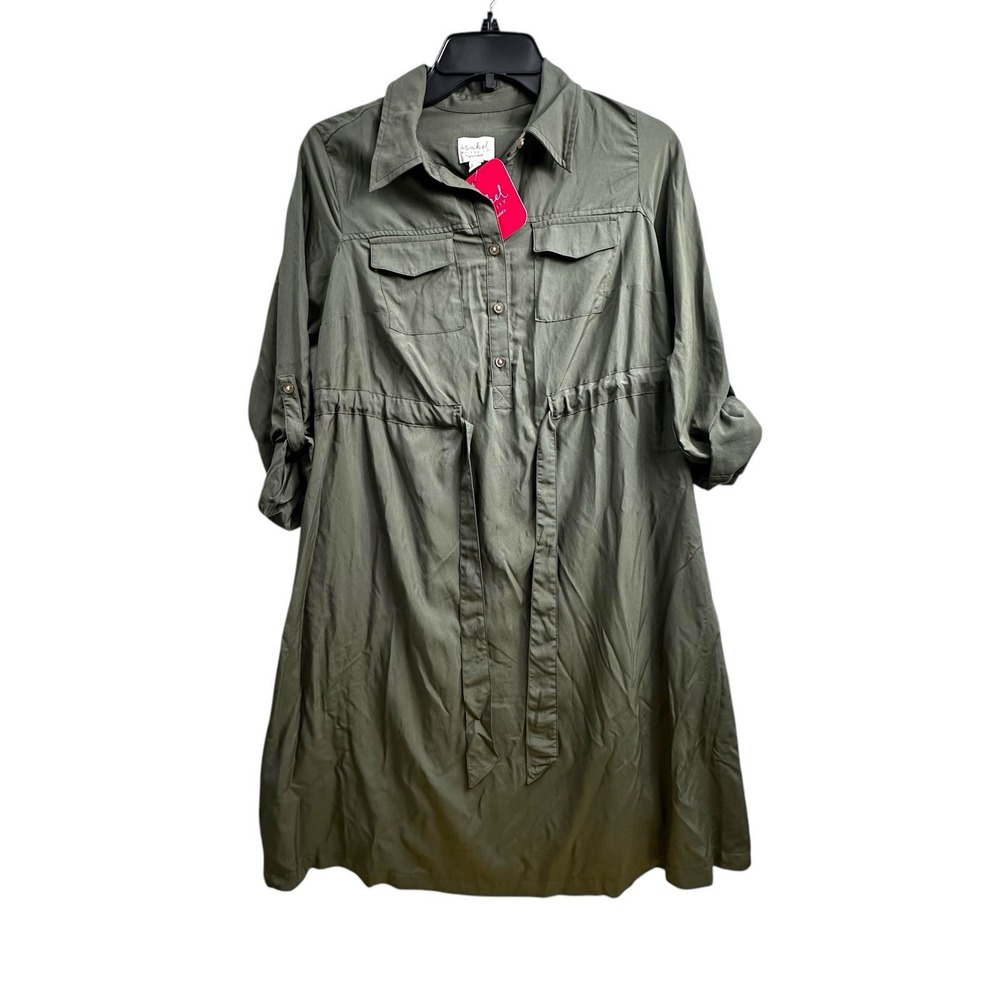 Isabel Maternity Women's Olive Long Roll Tap Sleeve Shirtdress SZ XS‎ Collared